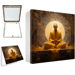 Tapa contador decorativo con monje budista en meditación y fondo de mandala dorado -Cuadrostock