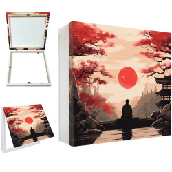 Tapa contador decorativo con paisaje japonés zen, sol rojo y silueta meditando- Cuadrostock