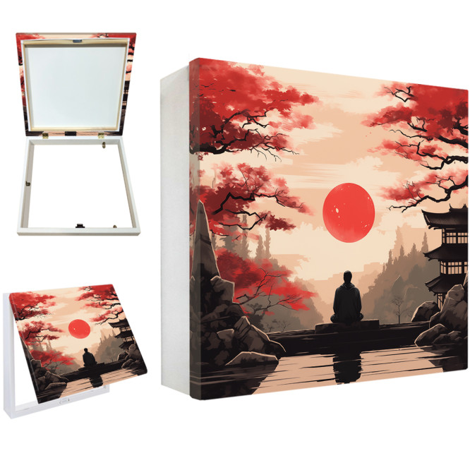 Tapa contador decorativo con paisaje japonés zen, sol rojo y silueta meditando- Cuadrostock Tapa contador decorativo con paisaje japonés zen, sol rojo y silueta meditando- Cuadrostock