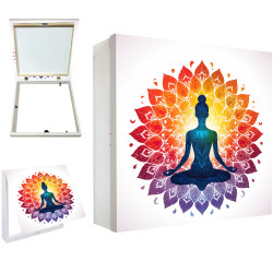 Tapa contador decorativo con silueta en meditación y mandala de colores chakras sobre fondo blanco- Cuadrostock