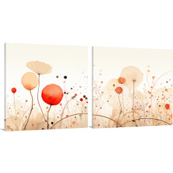Díptico floral moderno con delicadas flores en tonos rojos, naranjas y beige sobre fondo neutro- Cuadrostock