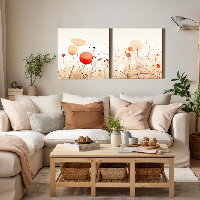 Díptico floral moderno con delicadas flores en tonos rojos, naranjas y beige sobre fondo neutro- Cuadrostock