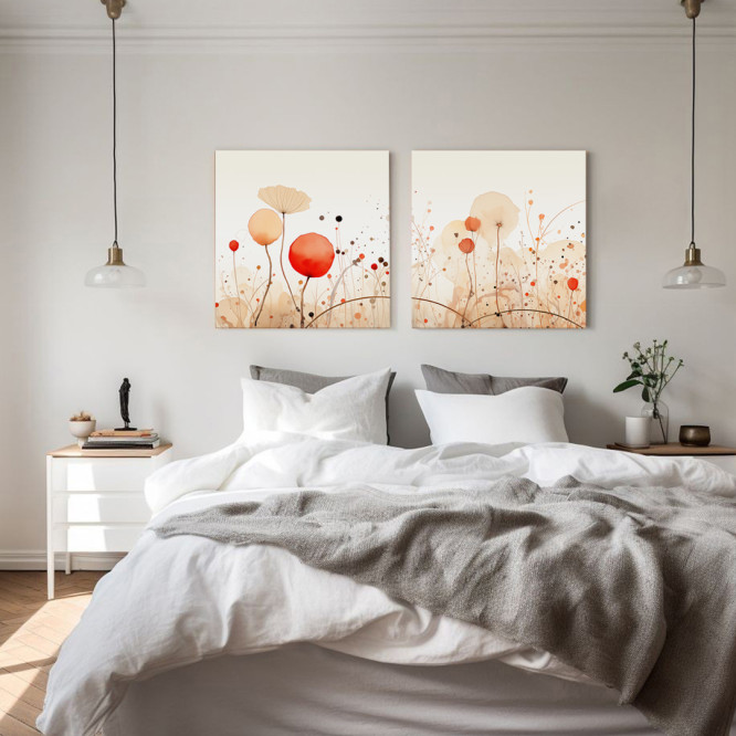 Díptico floral moderno con delicadas flores en tonos rojos, naranjas y beige sobre fondo neutro- Cuadrostock