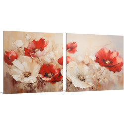 Díptico decorativo con amapolas en tonos rojos y blancos sobre fondo cálido- Cuadrostock