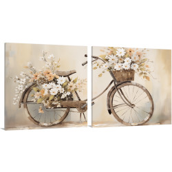 Díptico decorativo con bicicleta vintage y flores en tonos beige y pastel-Cuadrostock