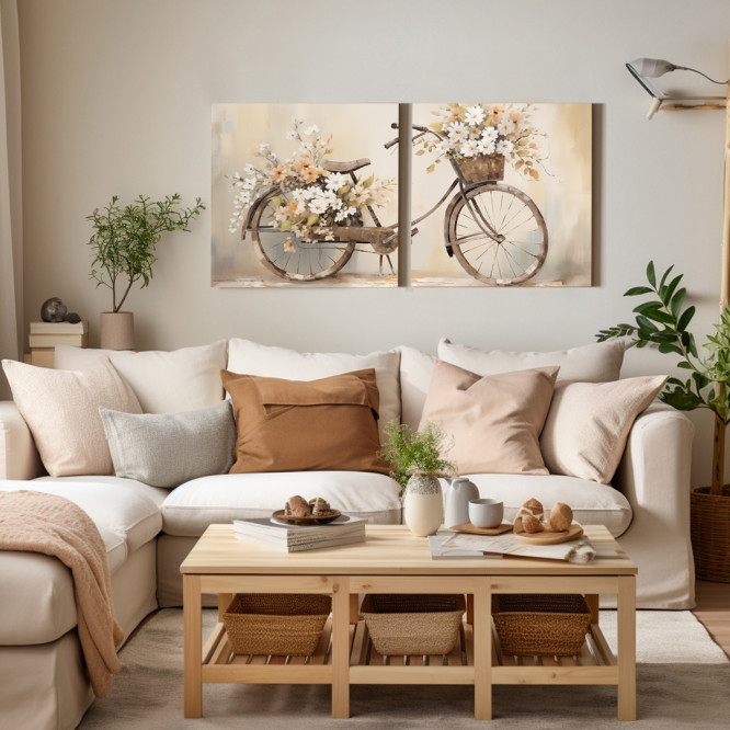 Díptico decorativo con bicicleta vintage y flores en tonos beige y pastel-Cuadrostock