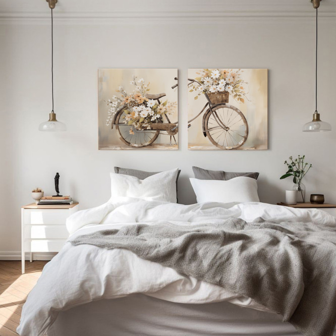 Díptico decorativo con bicicleta vintage y flores en tonos beige y pastel-Cuadrostock