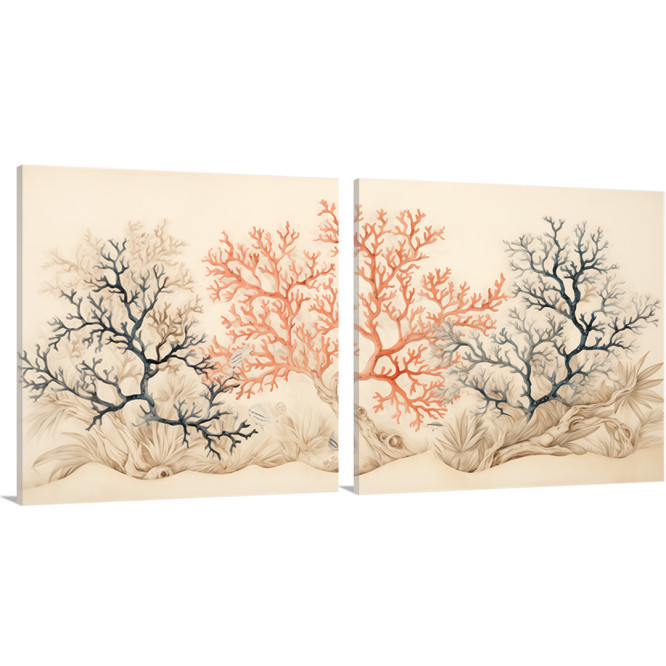 Díptico decorativo con ilustración de corales en tonos azul y rojo sobre fondo neutro- Cuadrostock