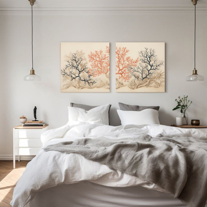 Díptico decorativo con ilustración de corales en tonos azul y rojo sobre fondo neutro- Cuadrostock