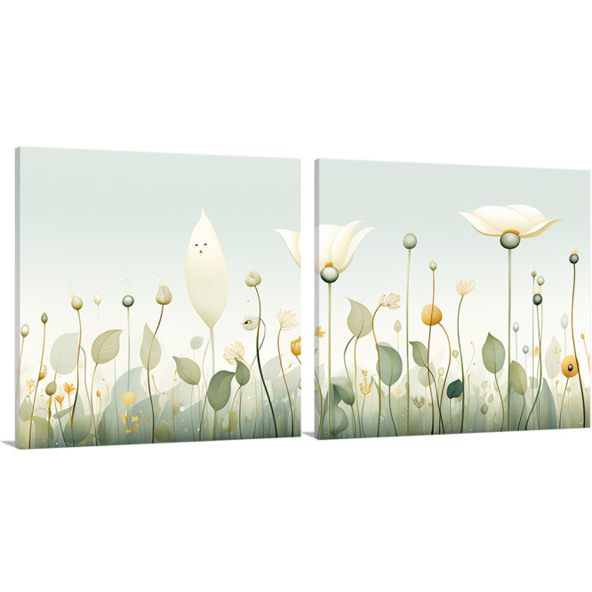 Díptico decorativo con delicadas flores en tonos suaves sobre fondo claro-Cuadrostock