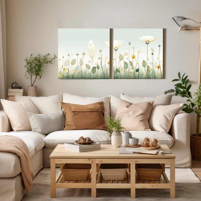 Díptico decorativo con delicadas flores en tonos suaves sobre fondo claro-Cuadrostock
