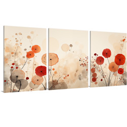 Tríptico floral moderno con delicadas flores en tonos rojos, naranjas y beige sobre fondo neutro- Cuadrostock