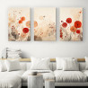 Tríptico floral moderno con delicadas flores en tonos rojos, naranjas y beige sobre fondo neutro- Cuadrostock