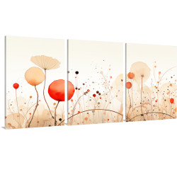 Tríptico floral moderno con delicadas flores en tonos rojos, naranjas y beige sobre fondo neutro- Cuadrostock