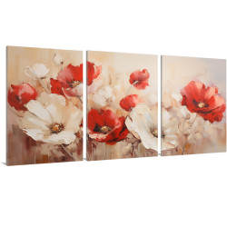 Tríptico decorativo con amapolas en tonos rojos y blancos sobre fondo cálido- Cuadrostock