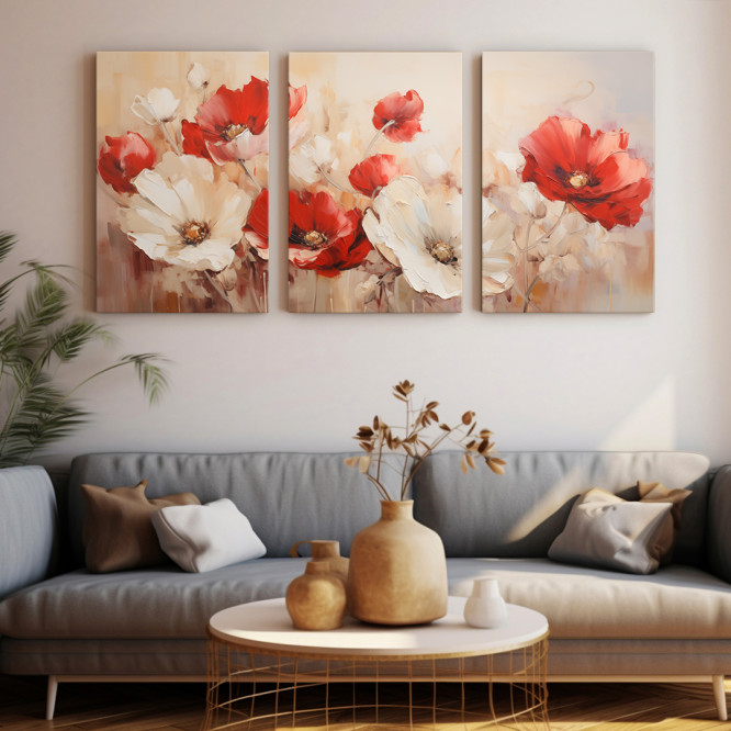 Tríptico decorativo con amapolas en tonos rojos y blancos sobre fondo cálido- Cuadrostock