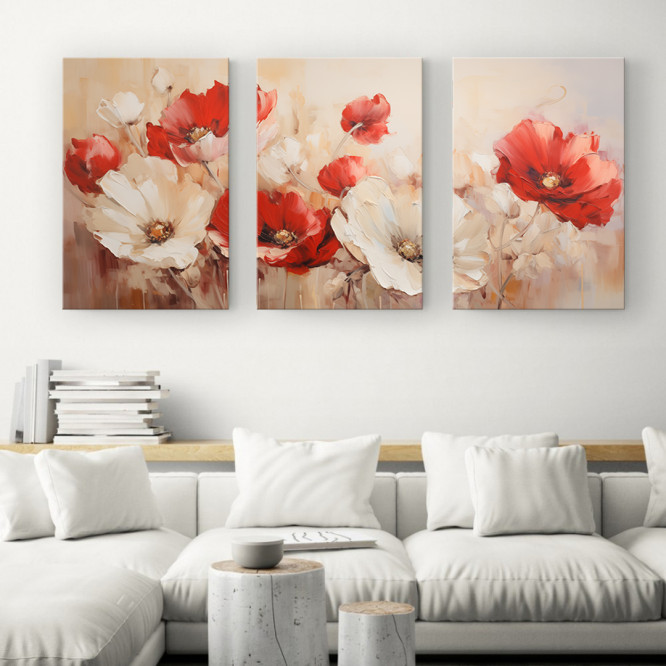 Tríptico decorativo con amapolas en tonos rojos y blancos sobre fondo cálido- Cuadrostock