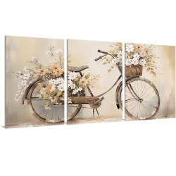 Tríptico decorativo con bicicleta vintage y flores en tonos beige y pastel - Cuadrostock
