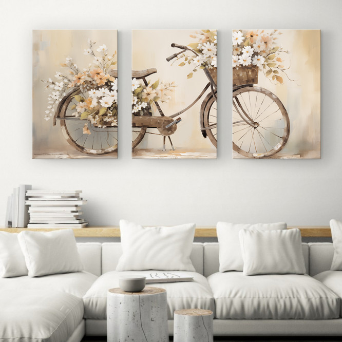 Tríptico decorativo con bicicleta vintage y flores en tonos beige y pastel - Cuadrostock