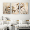 Tríptico decorativo con bicicleta vintage y flores en tonos beige y pastel - Cuadrostock