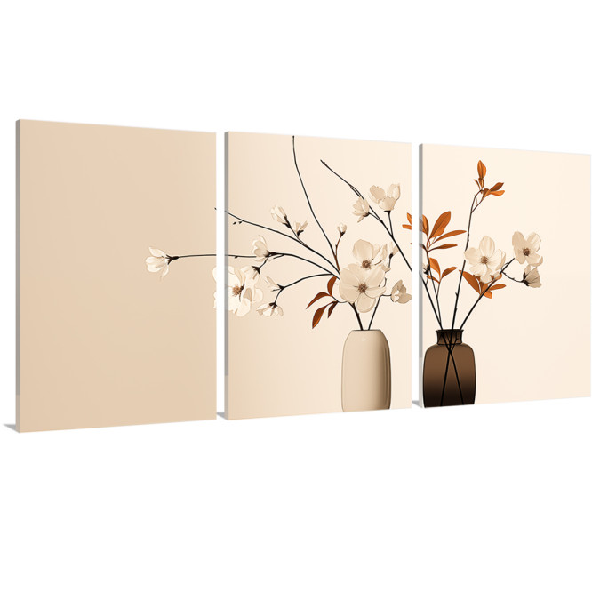 Tríptico elegante con dos jarrones y ramas de flores blancas y hojas ocres sobre fondo beige neutro-Cuadrostock