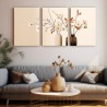 Tríptico elegante con dos jarrones y ramas de flores blancas y hojas ocres sobre fondo beige neutro-Cuadrostock