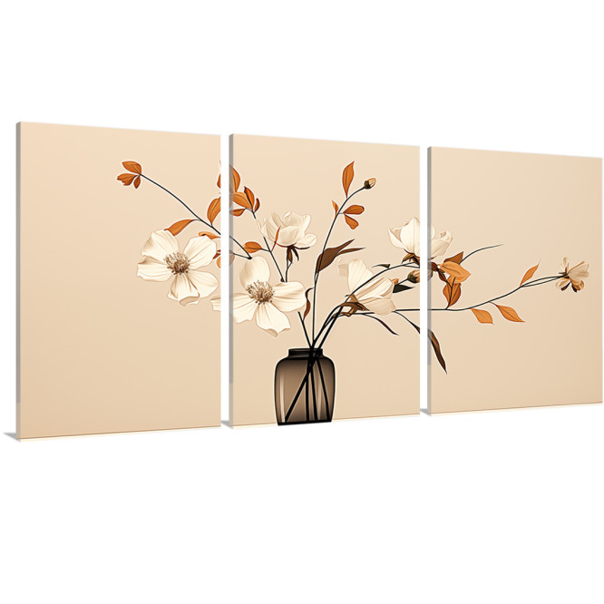 Tríptico elegante con flores blancas y hojas ocres en jarrón minimalista sobre fondo beige. - Cuadrostock