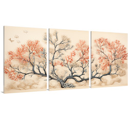 Tríptico decorativo con ilustración de corales en tonos azul y rojo sobre fondo neutro. - Cuadrostock
