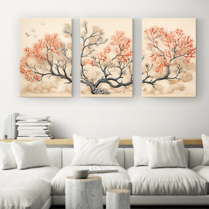 Tríptico decorativo con ilustración de corales en tonos azul y rojo sobre fondo neutro. - Cuadrostock