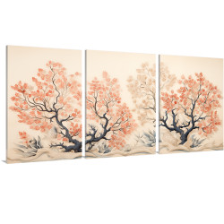 Tríptico decorativo con ilustración de corales en tonos azul y rojo sobre fondo neutro. - Cuadrostock