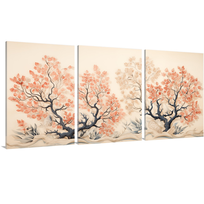 Tríptico decorativo con ilustración de corales en tonos azul y rojo sobre fondo neutro. - Cuadrostock