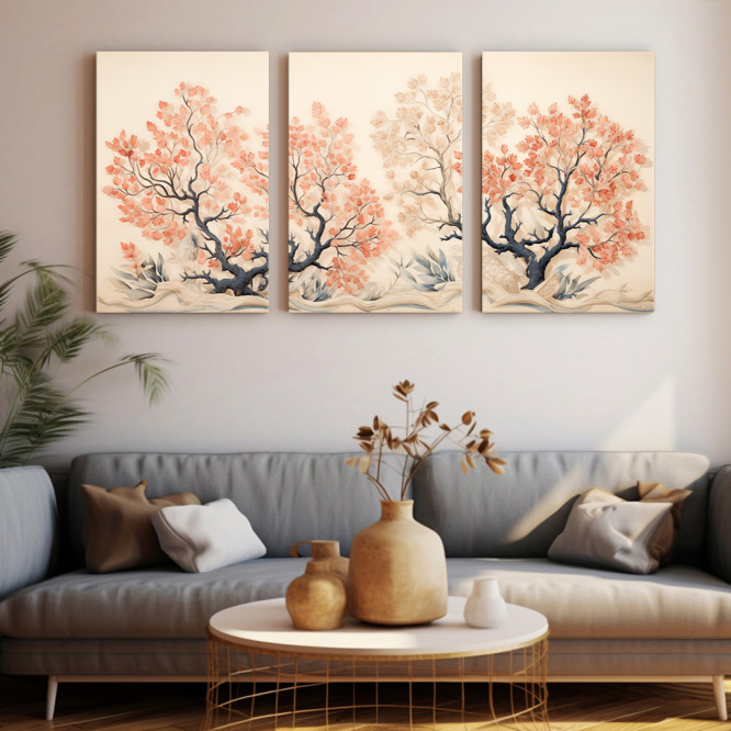 Tríptico decorativo con ilustración de corales en tonos azul y rojo sobre fondo neutro. - Cuadrostock