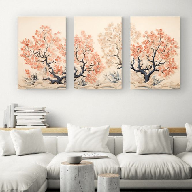 Tríptico decorativo con ilustración de corales en tonos azul y rojo sobre fondo neutro. - Cuadrostock