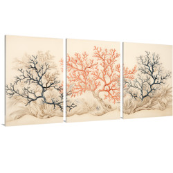 Tríptico decorativo con ilustración de corales en tonos azul y rojo sobre fondo neutro-Cuadrostock