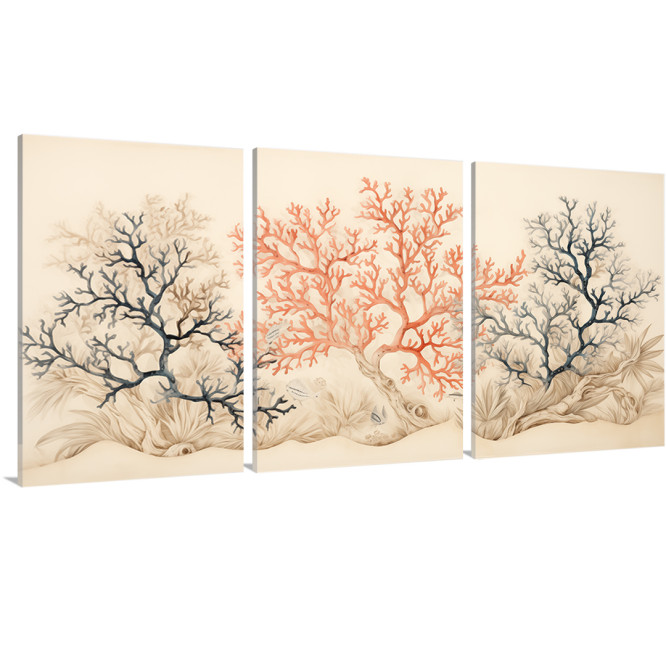 Tríptico decorativo con ilustración de corales en tonos azul y rojo sobre fondo neutro-Cuadrostock