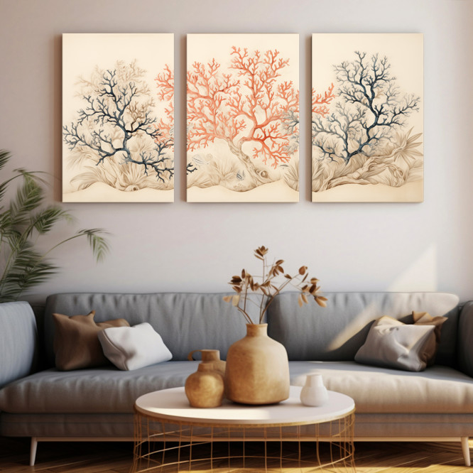 Tríptico decorativo con ilustración de corales en tonos azul y rojo sobre fondo neutro-Cuadrostock