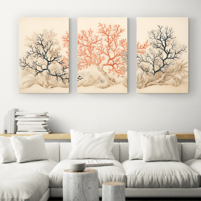 Tríptico decorativo con ilustración de corales en tonos azul y rojo sobre fondo neutro-Cuadrostock