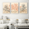 Tríptico decorativo con ilustración de corales en tonos azul y rojo sobre fondo neutro-Cuadrostock