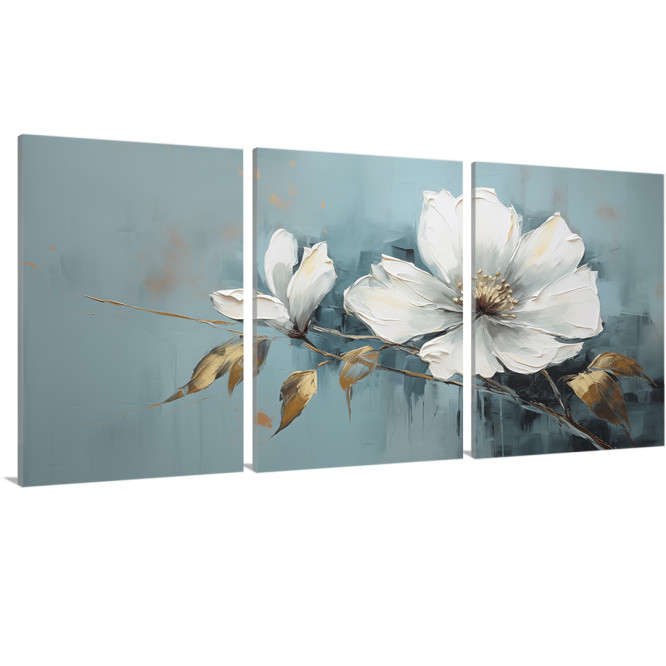 Tríptico de magnolias blancas  sobre fondo azul grisáceo- Cuadrostock