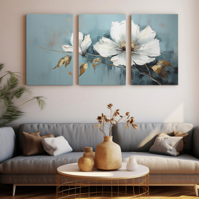 Tríptico de magnolias blancas  sobre fondo azul grisáceo- Cuadrostock