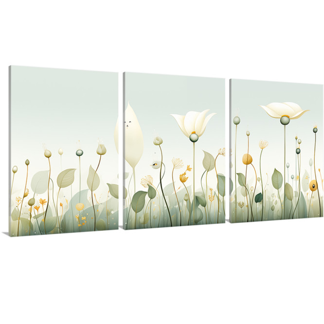 Tríptico decorativo con delicadas flores en tonos suaves sobre fondo claro-Cuadrostock