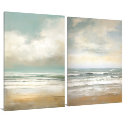 Díptico con paisaje de playa y mar en tonos pastel, estilo relajante