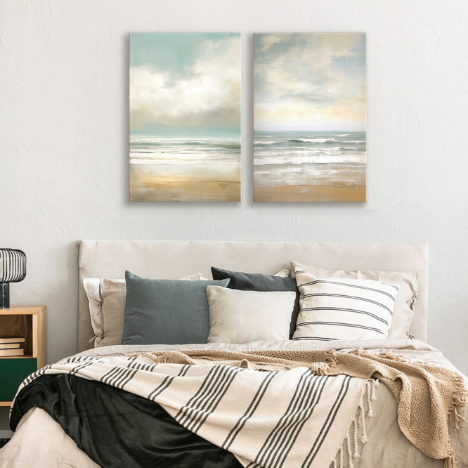 Díptico con paisaje de playa y mar en tonos pastel, estilo relajante