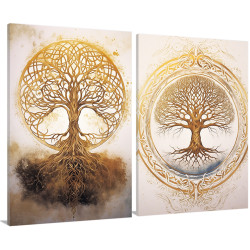 Díptico  con el Árbol de la vida en tonos similares a dorado, ideal para decoraciones zen