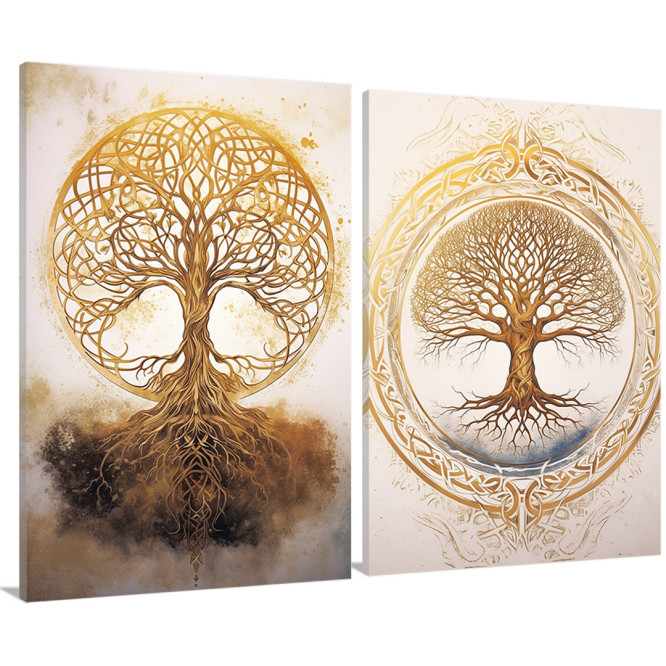 Díptico  con el Árbol de la vida en tonos similares a dorado, ideal para decoraciones zen