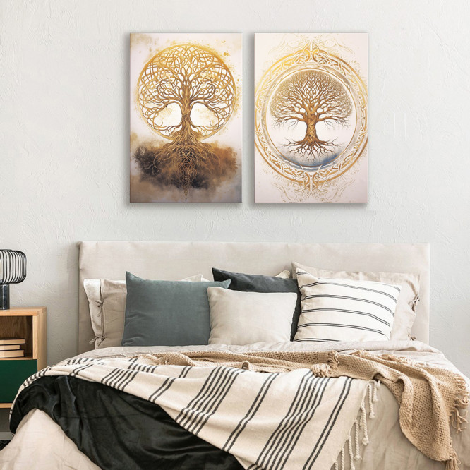 Díptico  con el Árbol de la vida en tonos similares a dorado, ideal para decoraciones zen