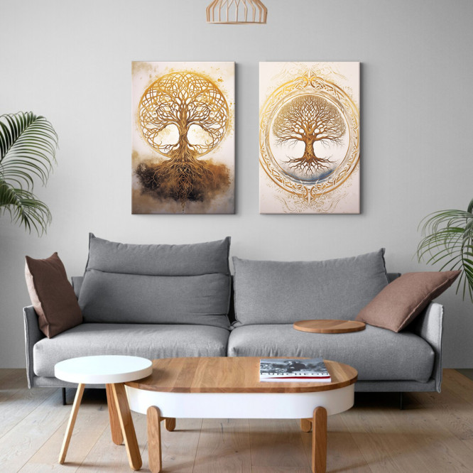 Díptico  con el Árbol de la vida en tonos similares a dorado, ideal para decoraciones zen