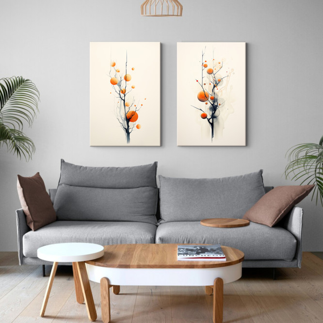 Díptico zen minimalista con ramas negras estilizadas y esferas naranjas flotantes.