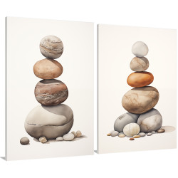 Díptico decorativo con piedras apiladas en equilibrio sobre fondo neutro. Estética zen, minimalista y natural.
