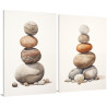 Díptico decorativo con piedras apiladas en equilibrio sobre fondo neutro. Estética zen, minimalista y natural.